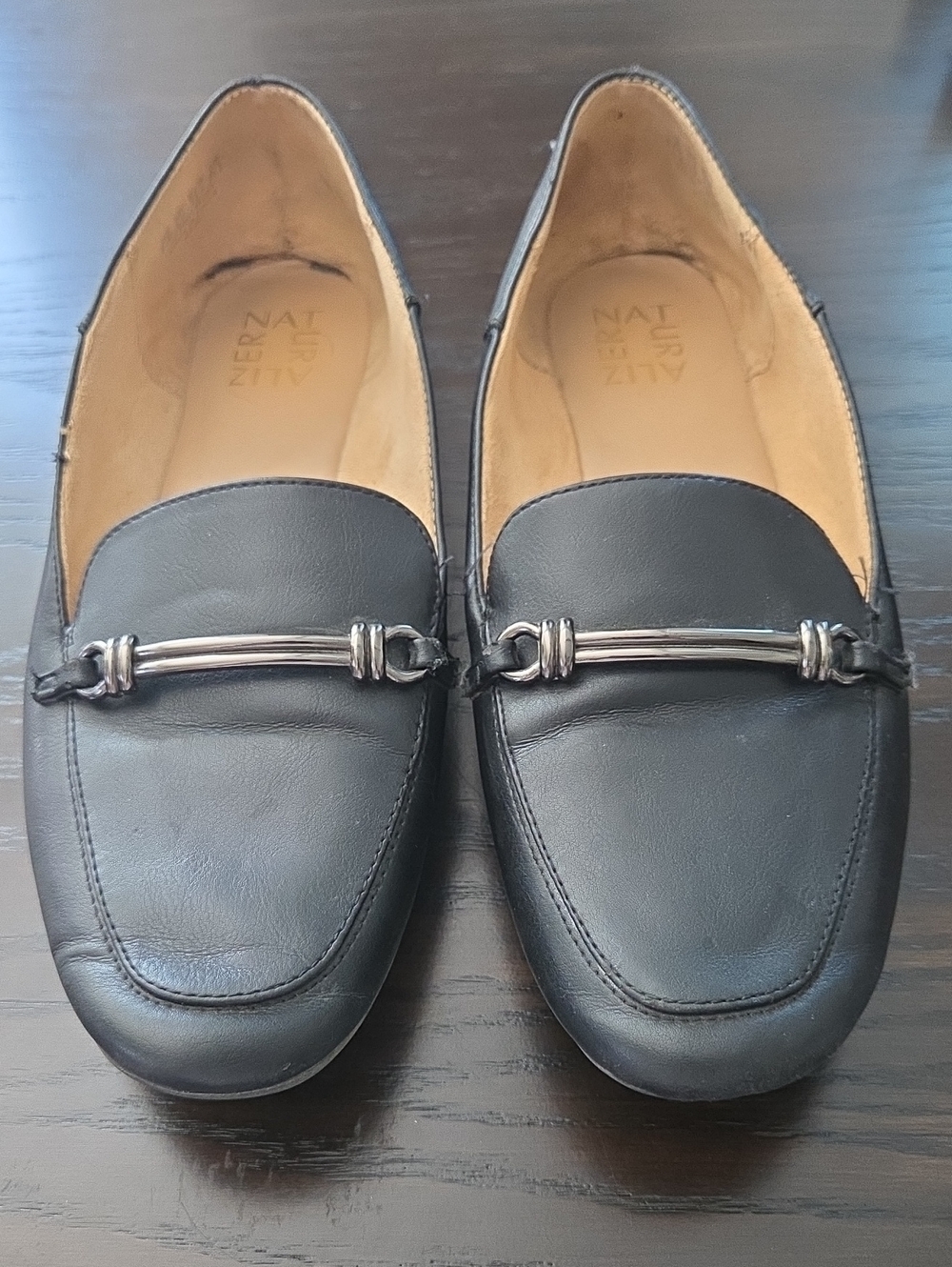 Naturalizer Black Leather Slip-On Loafers with Silver Bar Accent